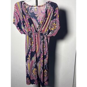 5th Love Paisley V-Neck Empire Waist Mini Dress Navy Pink Yellow Large